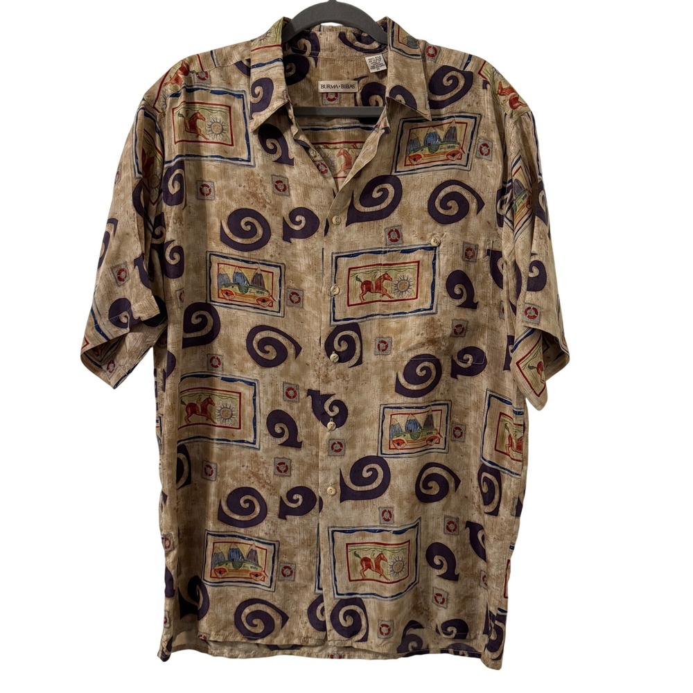 VTG Burma Bibas Shirt Mens M Tan Purple 100% Silk Short Sleeve Button Up Novelty